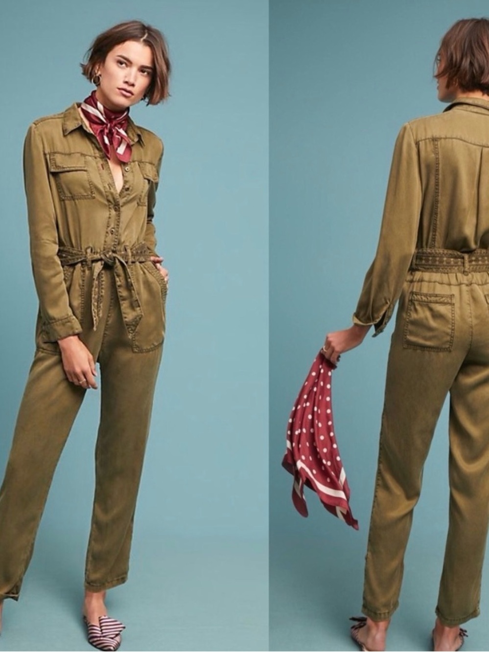Anthropologie Jane Olive Green Sueded Jumpsuit Small Twill